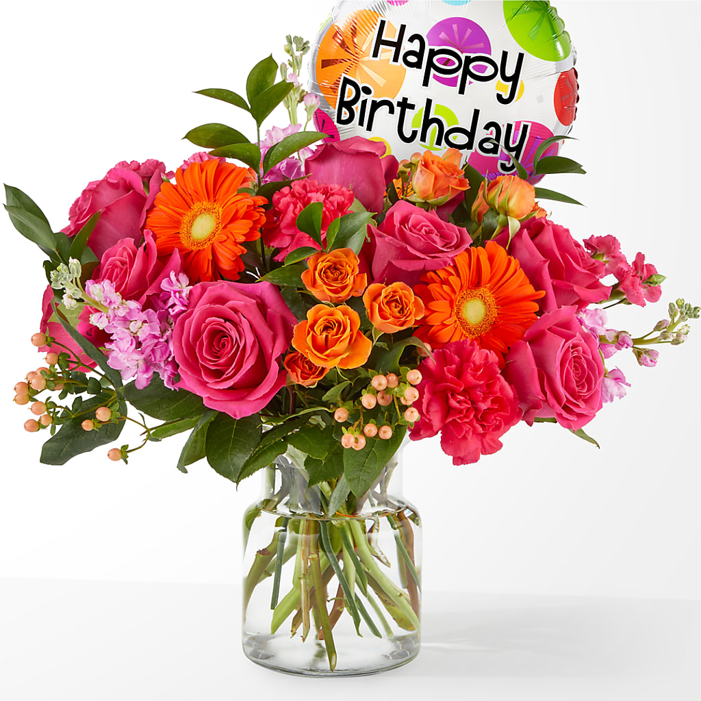 Fiesta Bouquet with Birthday Balloon – La Petite Florist And Gifts, Brea CA
