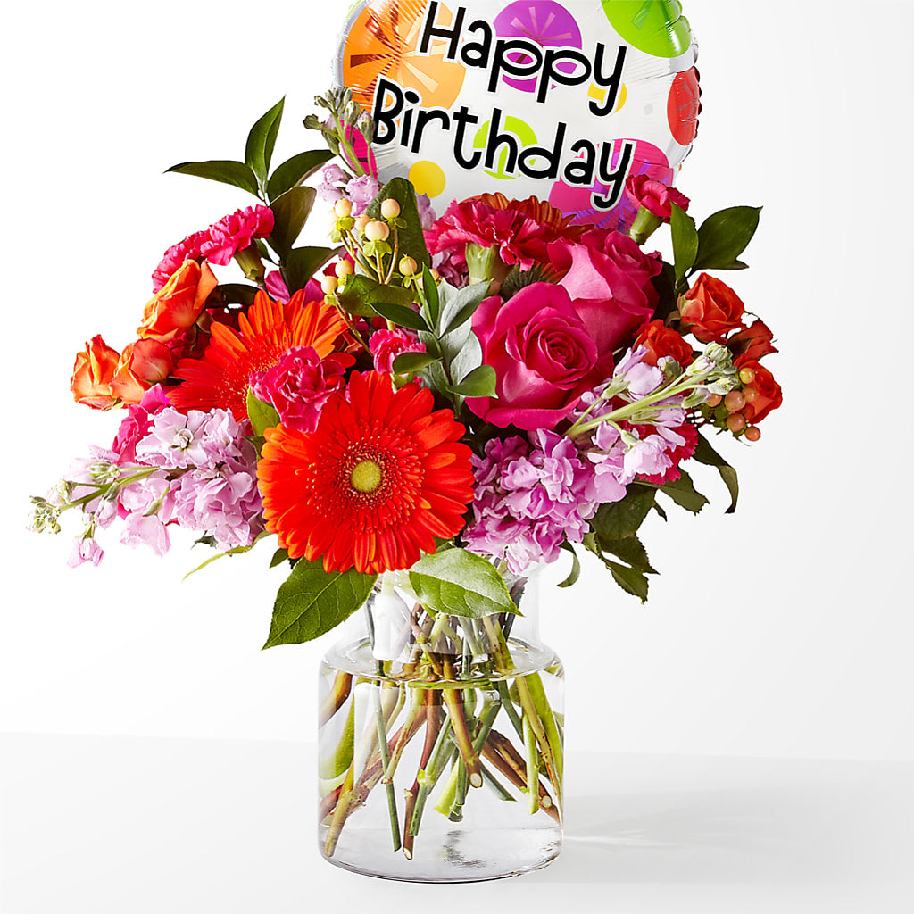 Fiesta Bouquet with Birthday Balloon – La Petite Florist And Gifts, Brea CA