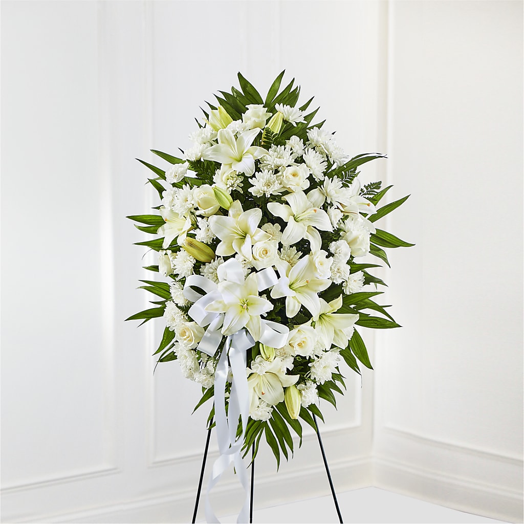 Exquisite Tribute Standing Spray-White Ribbon – La Petite Florist And Gifts, Brea CA